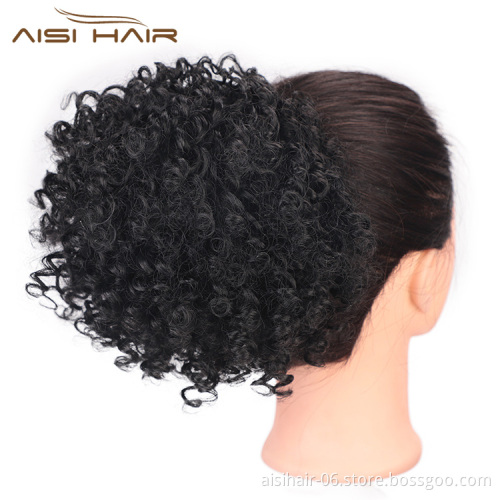 Aisi Hair Ponytail Afro Puff Kinky Curly Drawstring Hair Extensions High Temperature Fiber Short Hairpieces with Clips